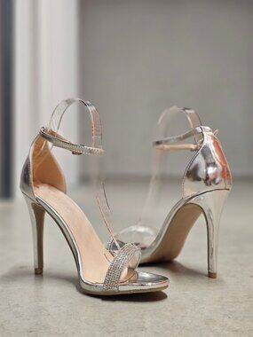 Womens Rhinestone Ankle Strap High Heel Sandals Silver Elegant Formal Party Shoe